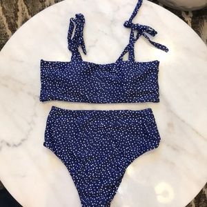 Polka dot tie shoulder top with high waist bikini Clearance